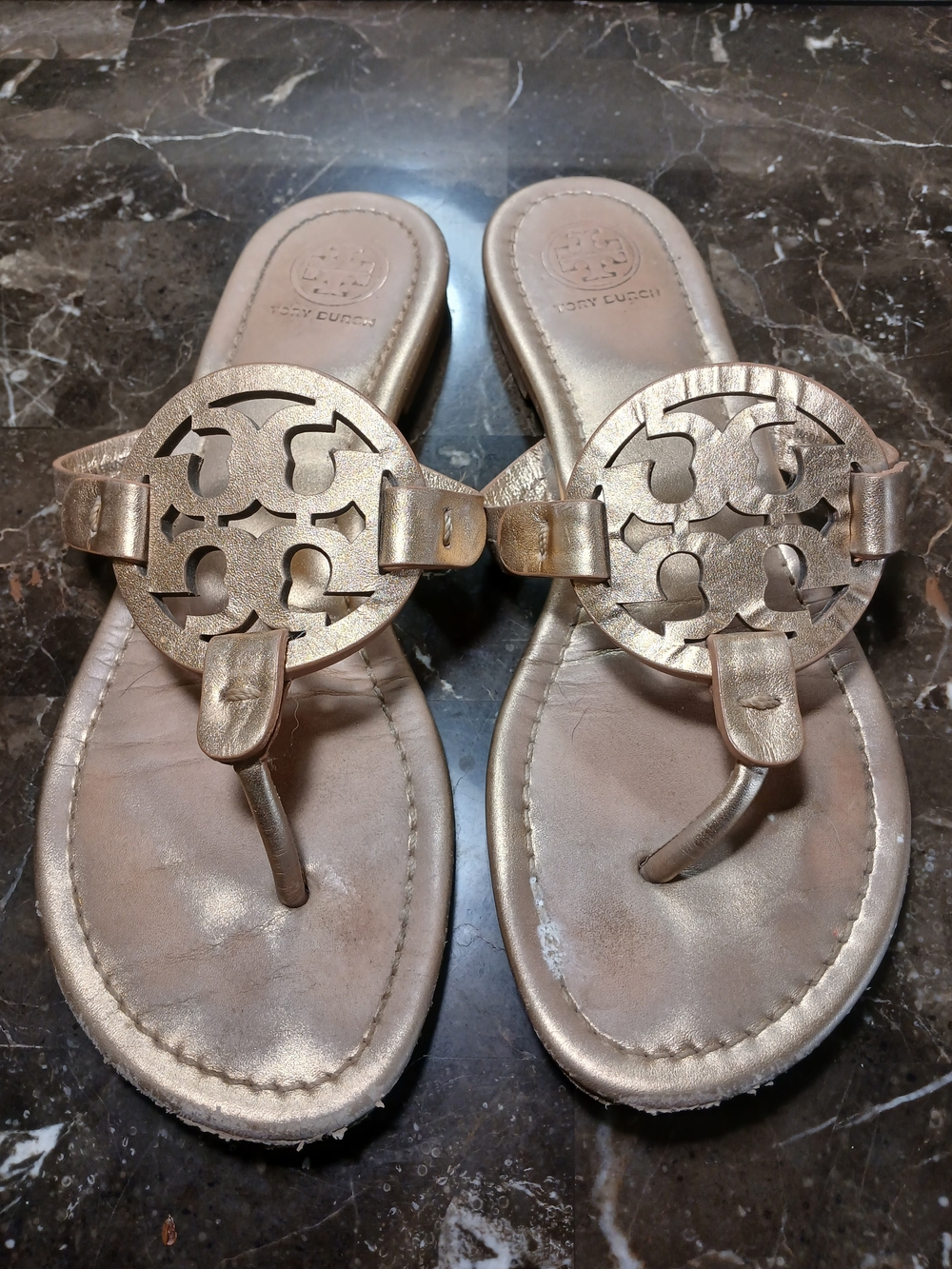 Tory Burch Gold Miller Logo Thong Sandals